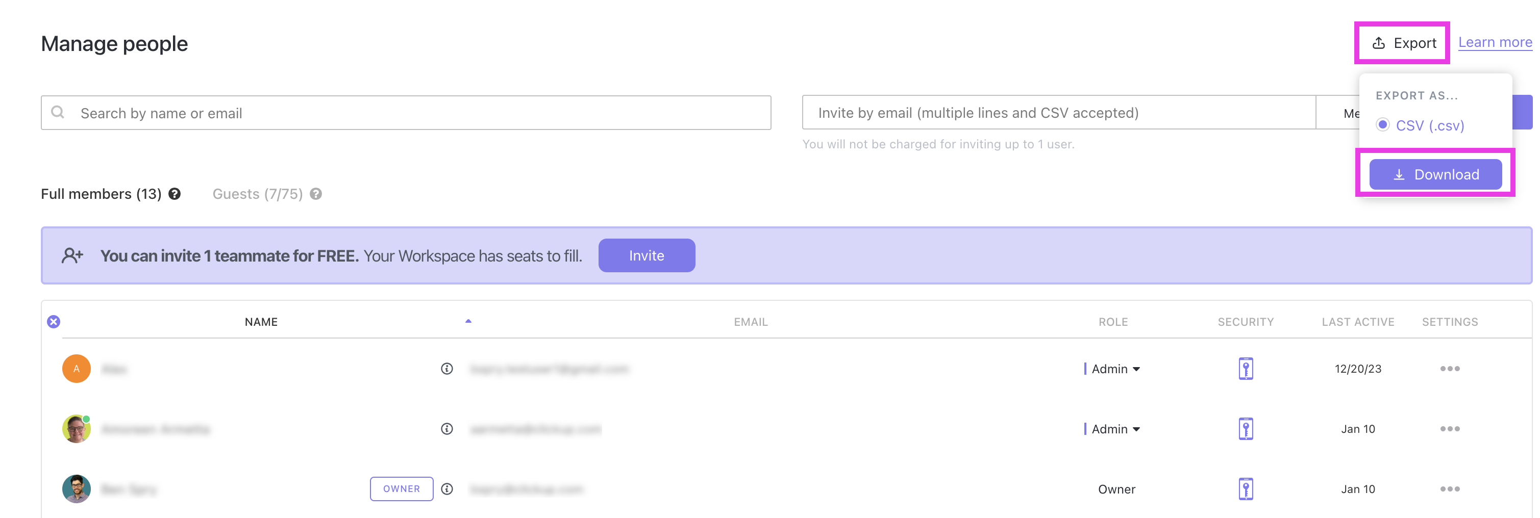 Screenshot of the export button on the Manage people page.
