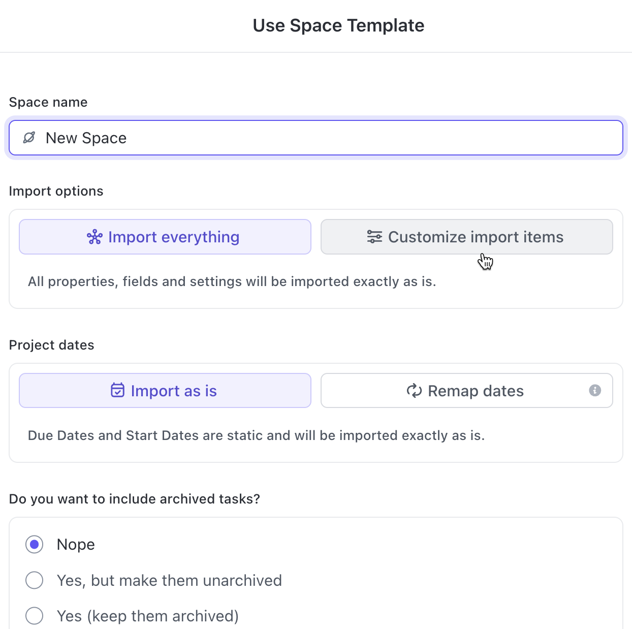 Screenshot of the Use Space Template modal.
