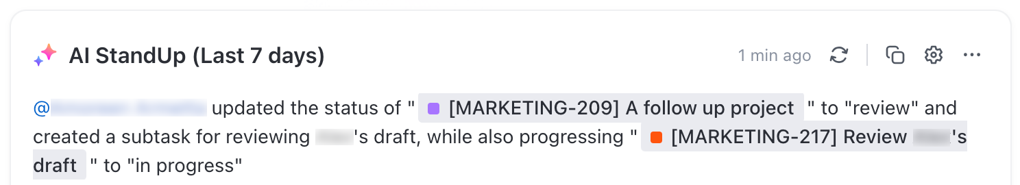 Screenshot of a StandUp summarizing the last 7 days of activity in a short format.