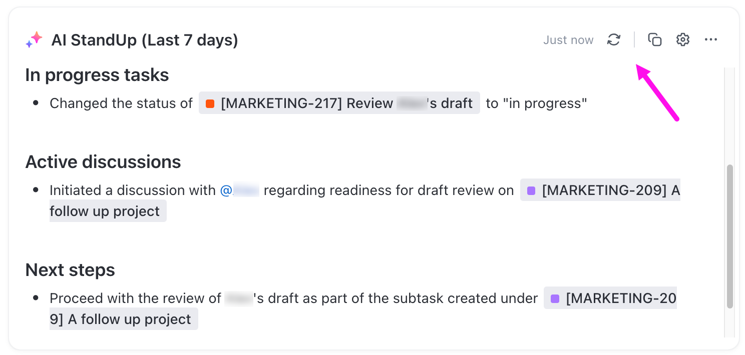 Screenshot of the settings in the upper-right corner of the AI StandUp card.