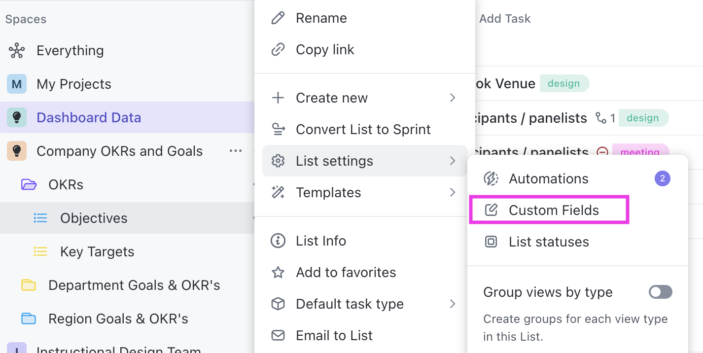 Screenshot highlighting the Custom Fields option in a List's settings.