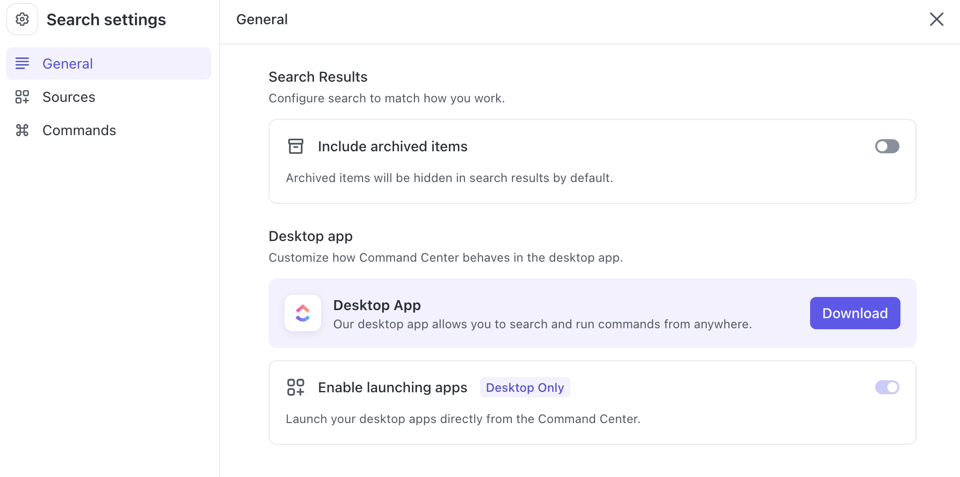 Screenshot of the Search settings menu.