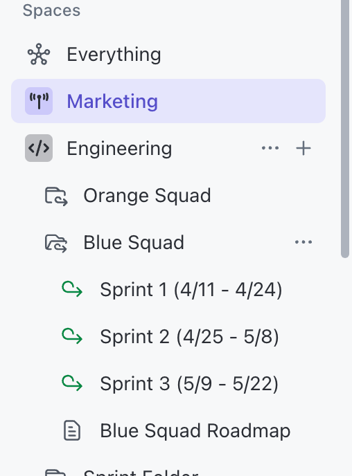 Screenshot of an expanded Sprint Folder with 3 Sprints named Sprint 1 4/11-4/24), Sprint 2 (4/25-5/8), Sprint 3 (5/9-5/22).