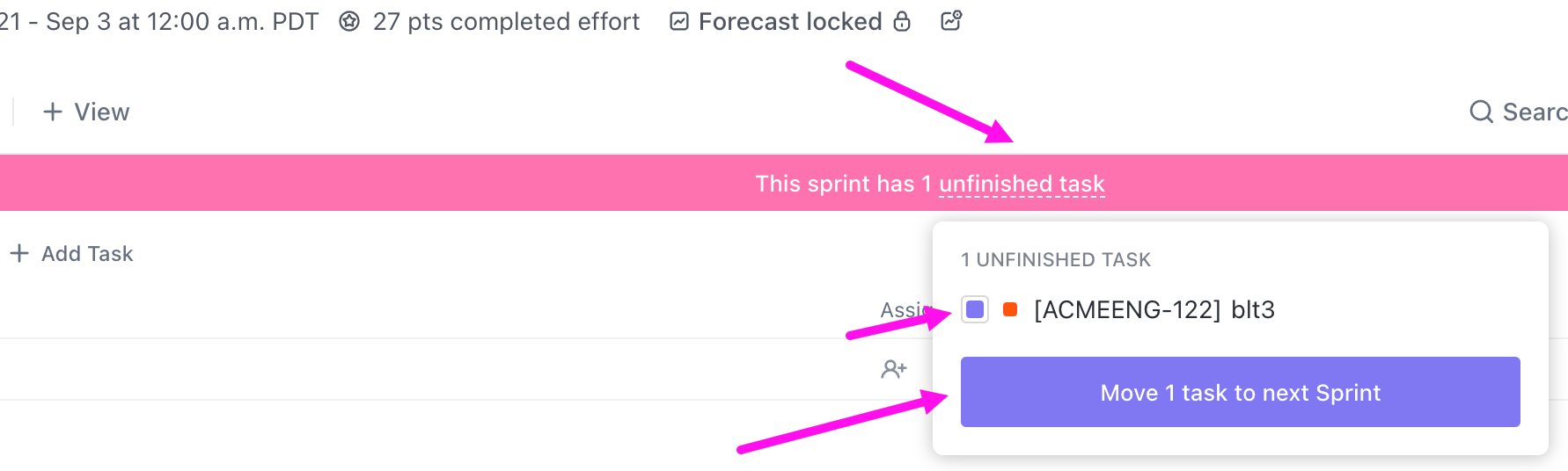 Schermata che evidenzia il link della task incompleta, la casella di controllo e il pulsante Sposta le task al prossimo Sprint.