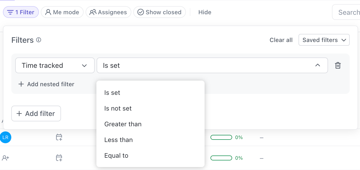 Image of the view filters for tracked time