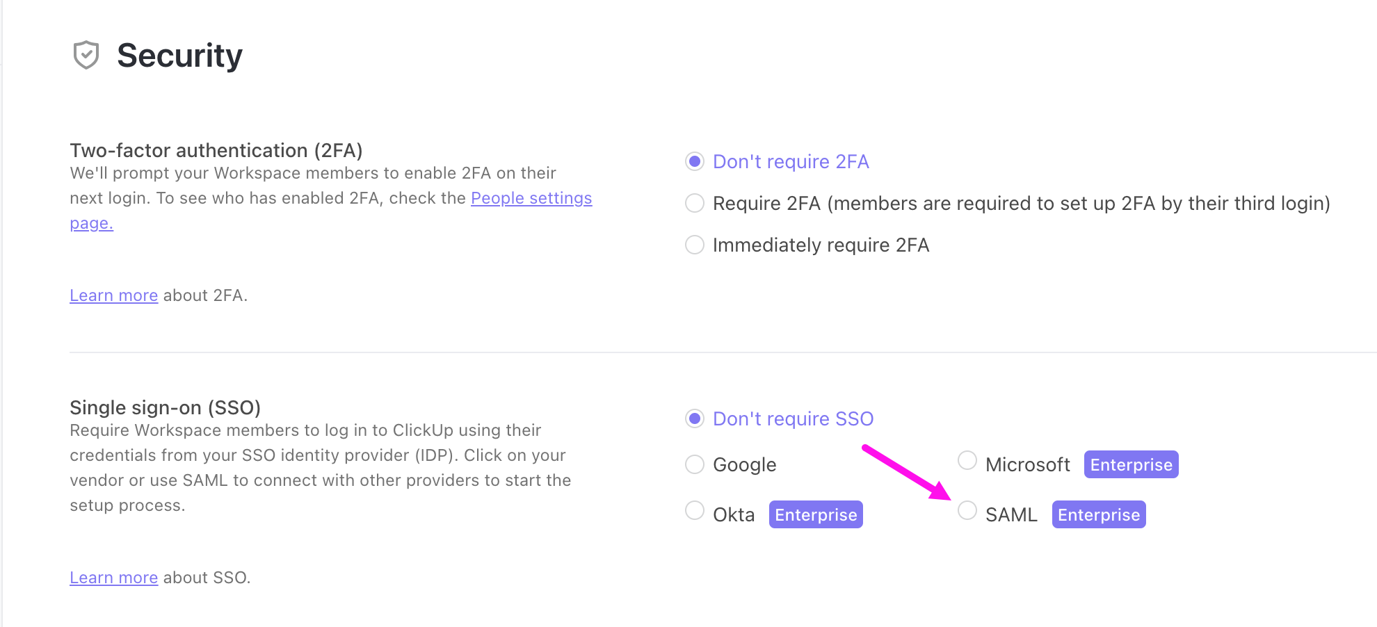 Image of the security and permissions page indicating the SAML option