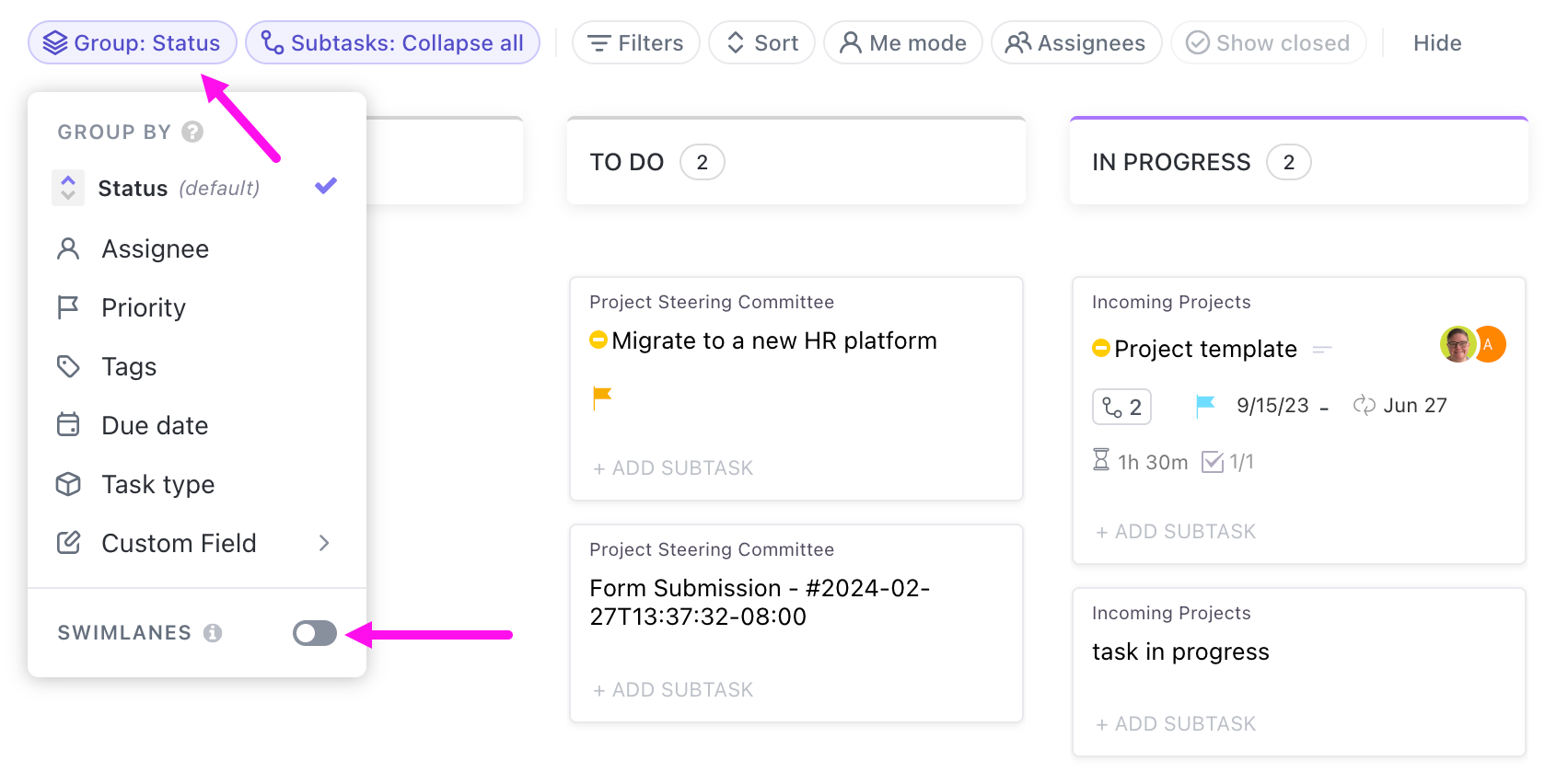 Use Swimlanes In Board View Clickup Help 8136