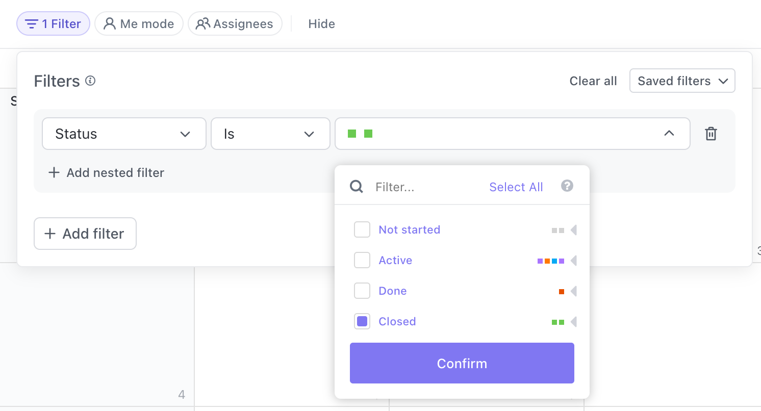 Image du menu de filtre en vue Calendrier