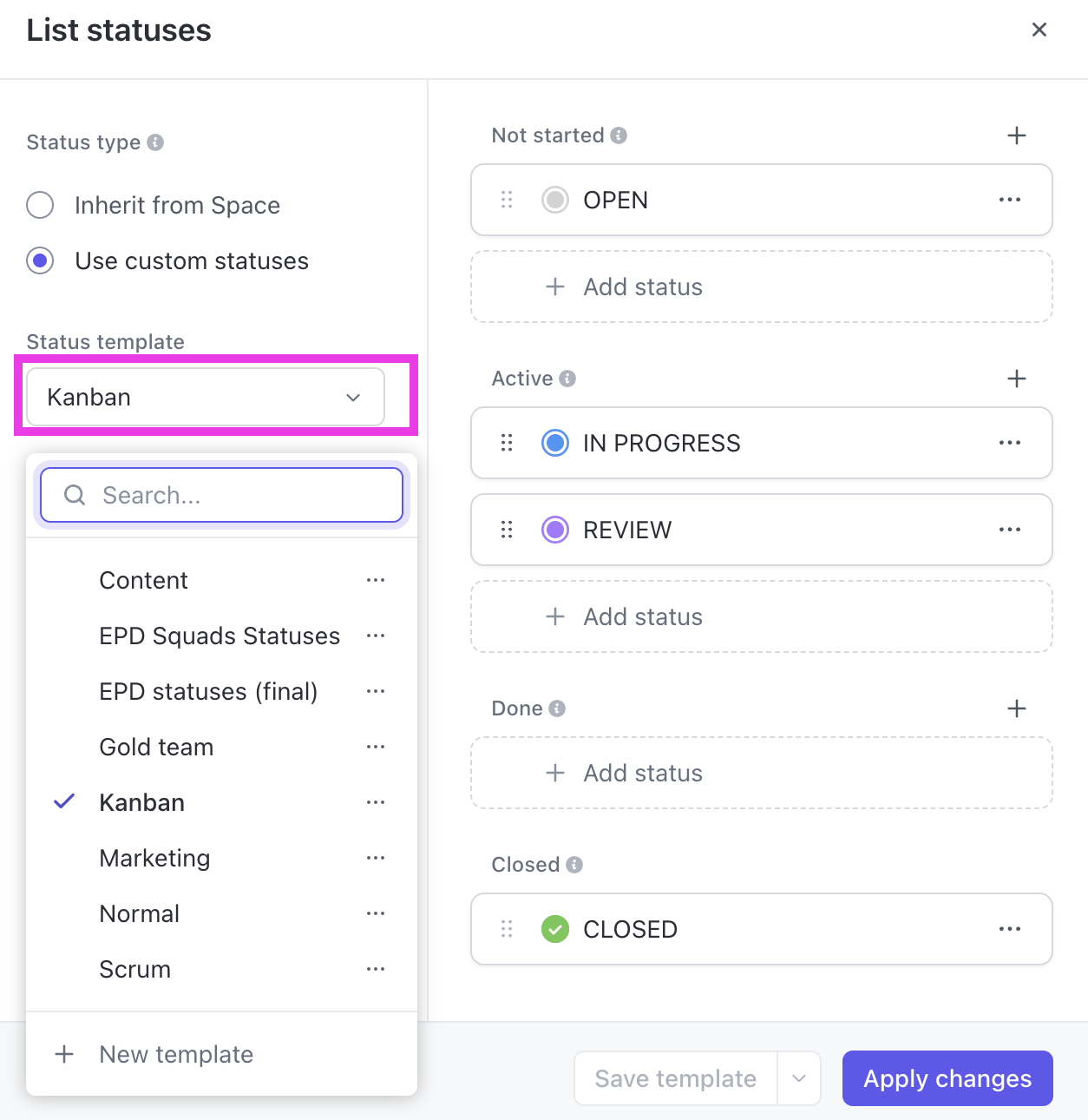 Status templates – ClickUp Help