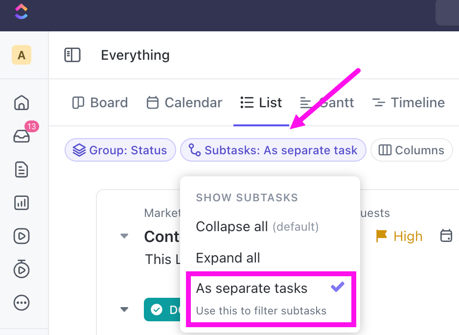 Screenshot of the upper-left corner of the task view. The image is annotated to highlight the Show Subtasks button and the show subtasks menu.