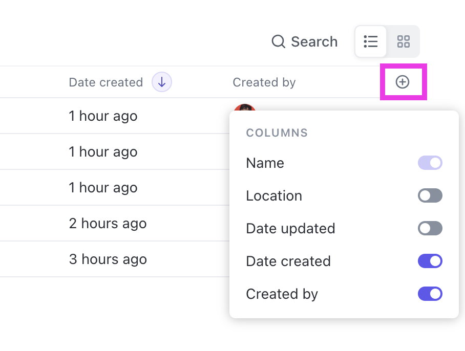 Screenshot of the Clips Hub column options.