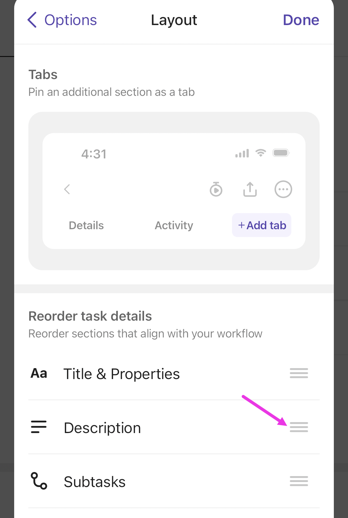Captura de pantalla de las asas de arrastre junto a los detalles de la tarea en el menú de Diseño en móvil (1).png
