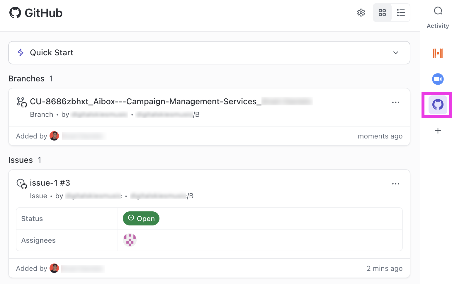 Screenshot of the GitHub tab in a task after someone added a branch and issue from ClickUp.