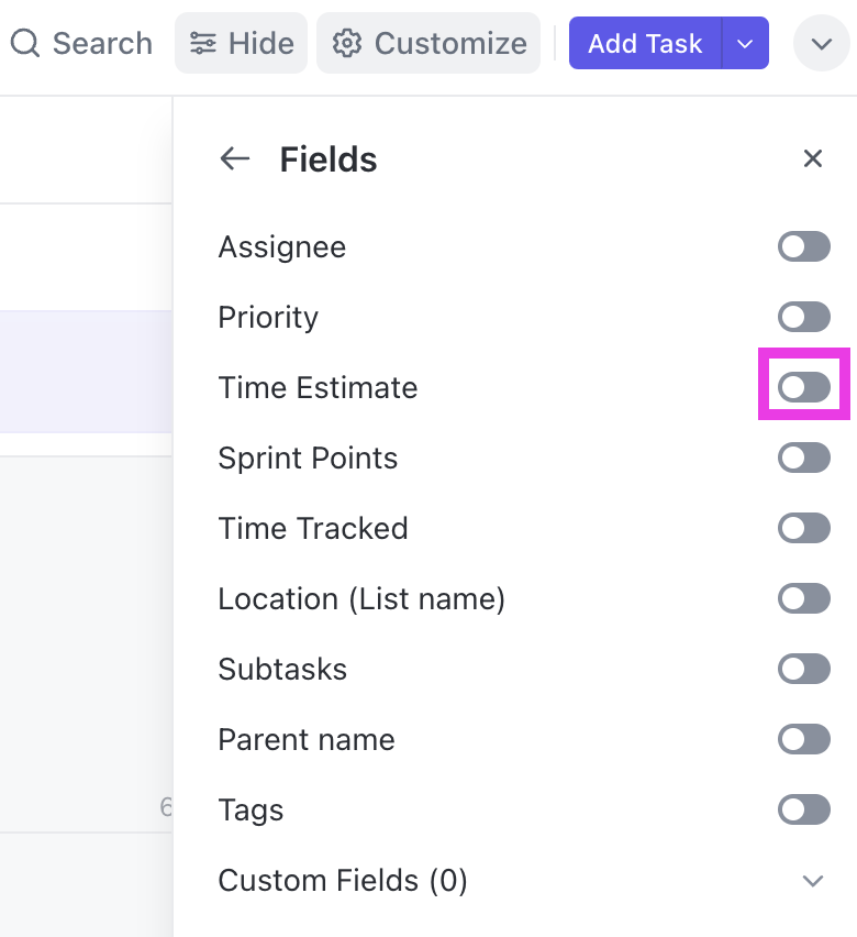 Screenshot of the Time Estimate toggle in the Customize menu in Calendar view.