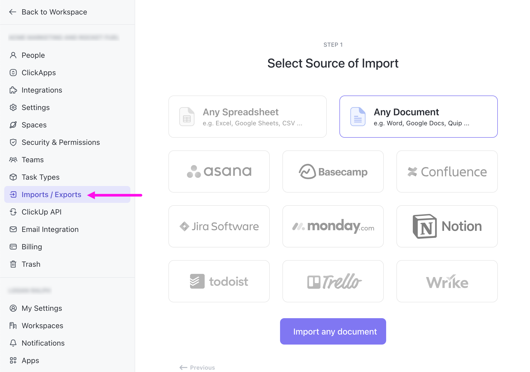 Image of the import and export screen in your Workspace settings