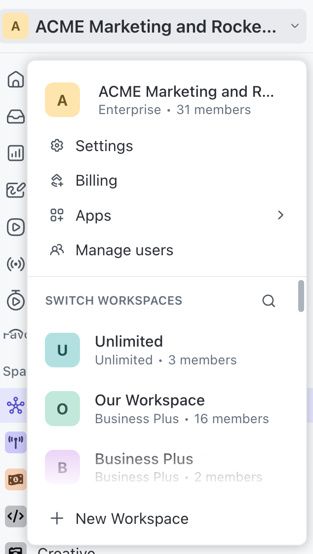 Screenshot of the Workspace Settings menu.