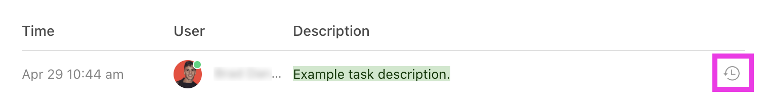 Screenshot highlighting the task description history's restore button.
