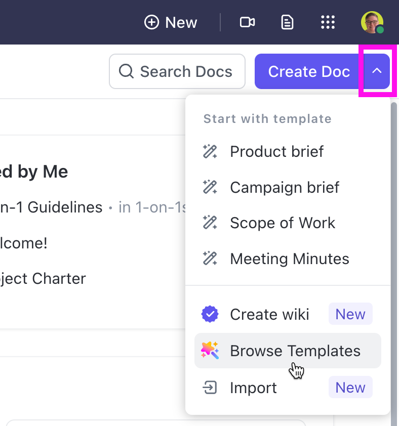Screenshot of the expanded dropdown in the upper-right corner of the Hub. The Browse Templates option is selected.
