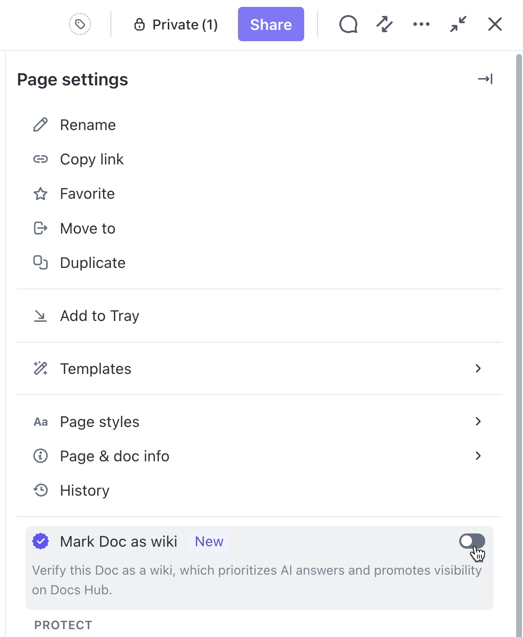Screenshot of the Mark Doc as wiki toggle.