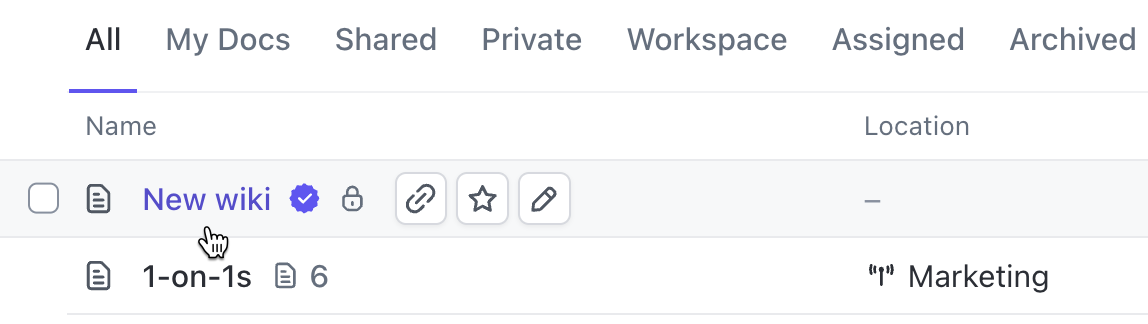 Screenshot of the purple badge next to a wiki's name in the Docs Hub Docs table.
