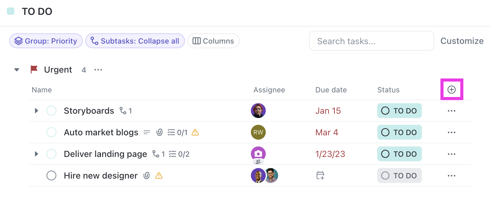 Screenshot of the plus icon in a Drill down view's List view.