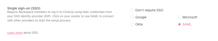 Screenshot of the SAML option in ClickUp's Security and Permissions settings.
