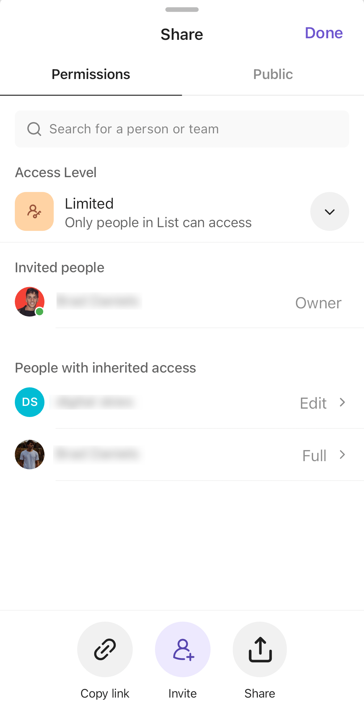 Screenshot of the task sharing modal.