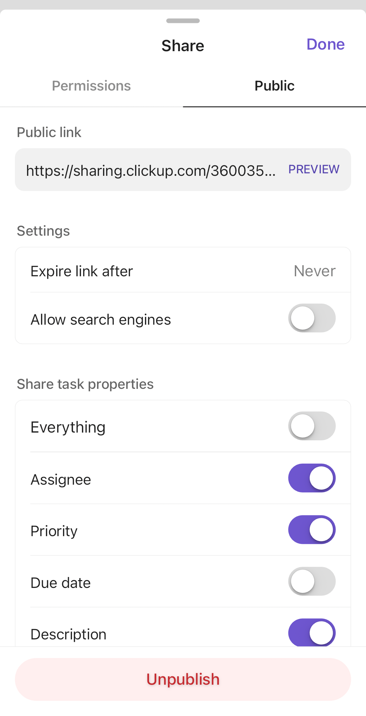 Screenshot of the Public tab when sharing a task.
