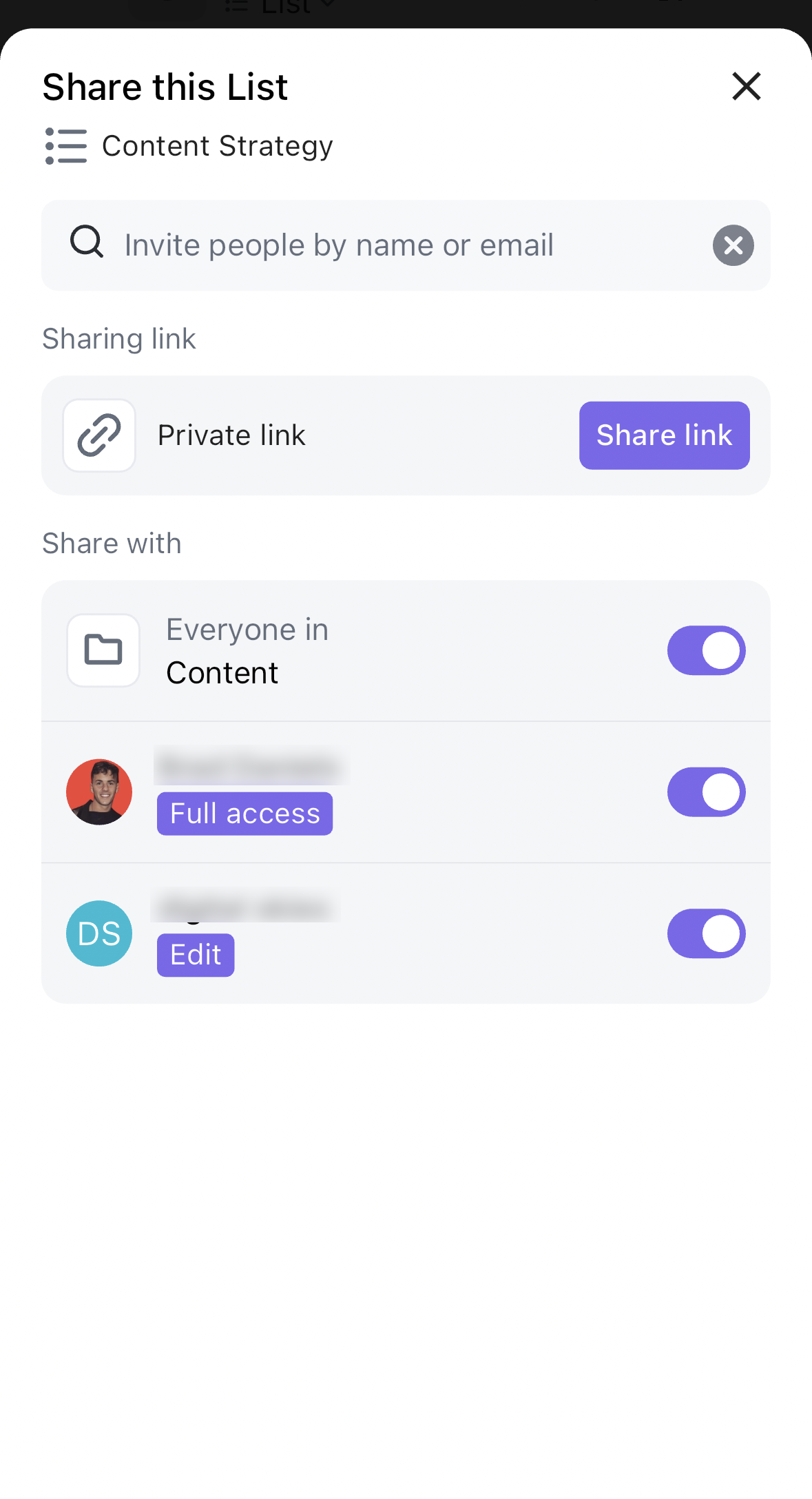 Screenshot of of the Share this List modal.
