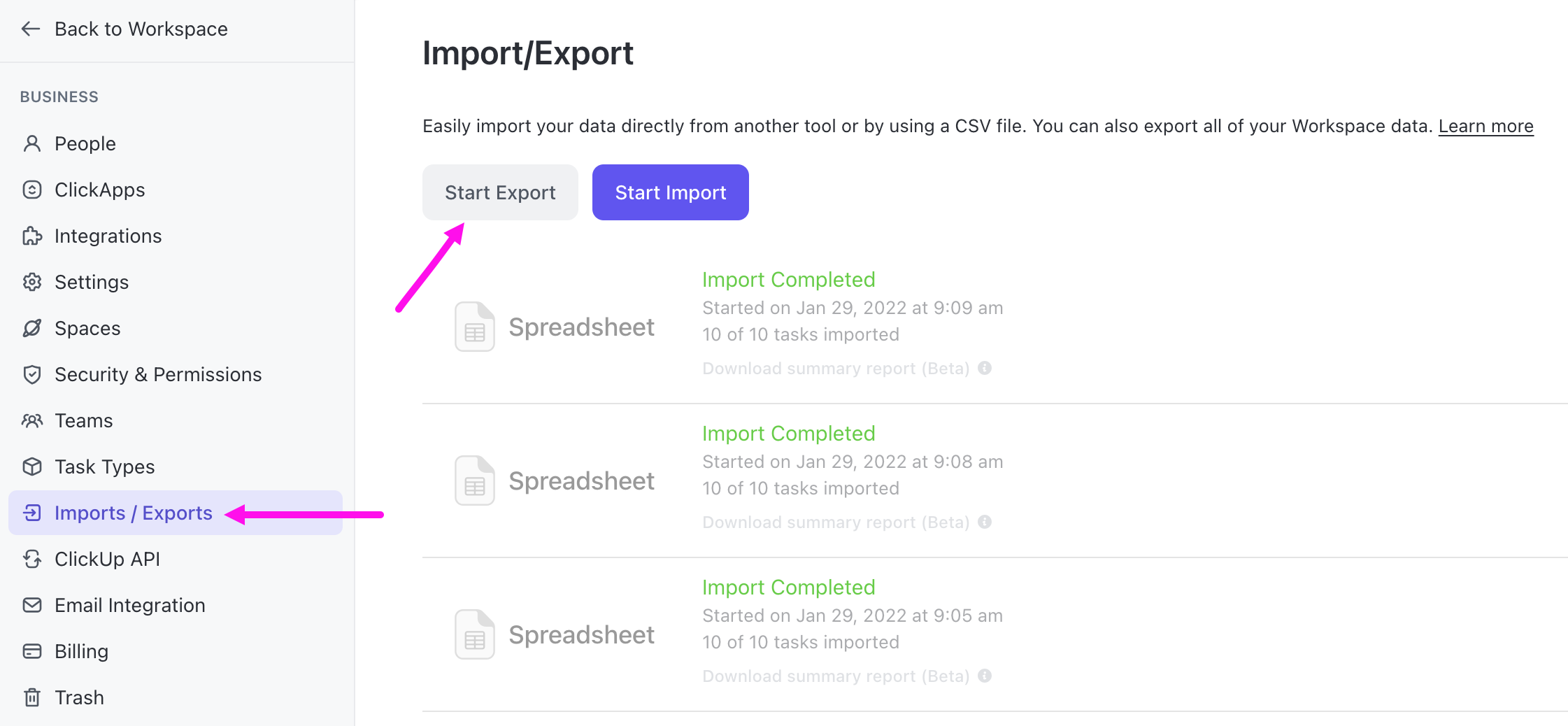 Image of the import/export page