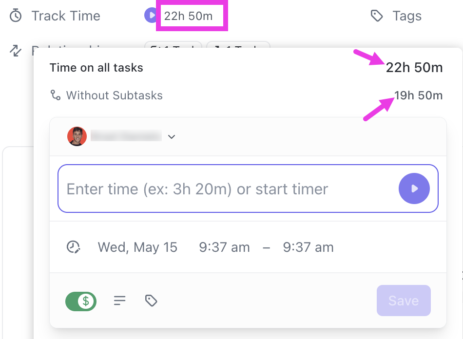 Screenshot of a task's time tracked with and without subtasks.png