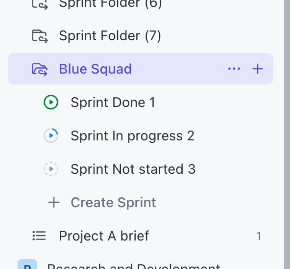 Screenshot of a Sprint Folder in the Sidebar with 3 Sprints underneath where Lists would be.