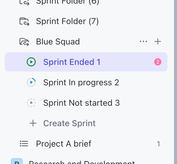 Screenshot of three Sprints in a Sprint Folder in the Sidebar, highlighting the three Sprint statuses and status icons.