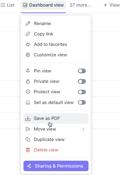 Screenshot des Anklickens des Dashboard-Namens in der Leiste "Ansichten" und Auswählen von "Als PDF speichern".