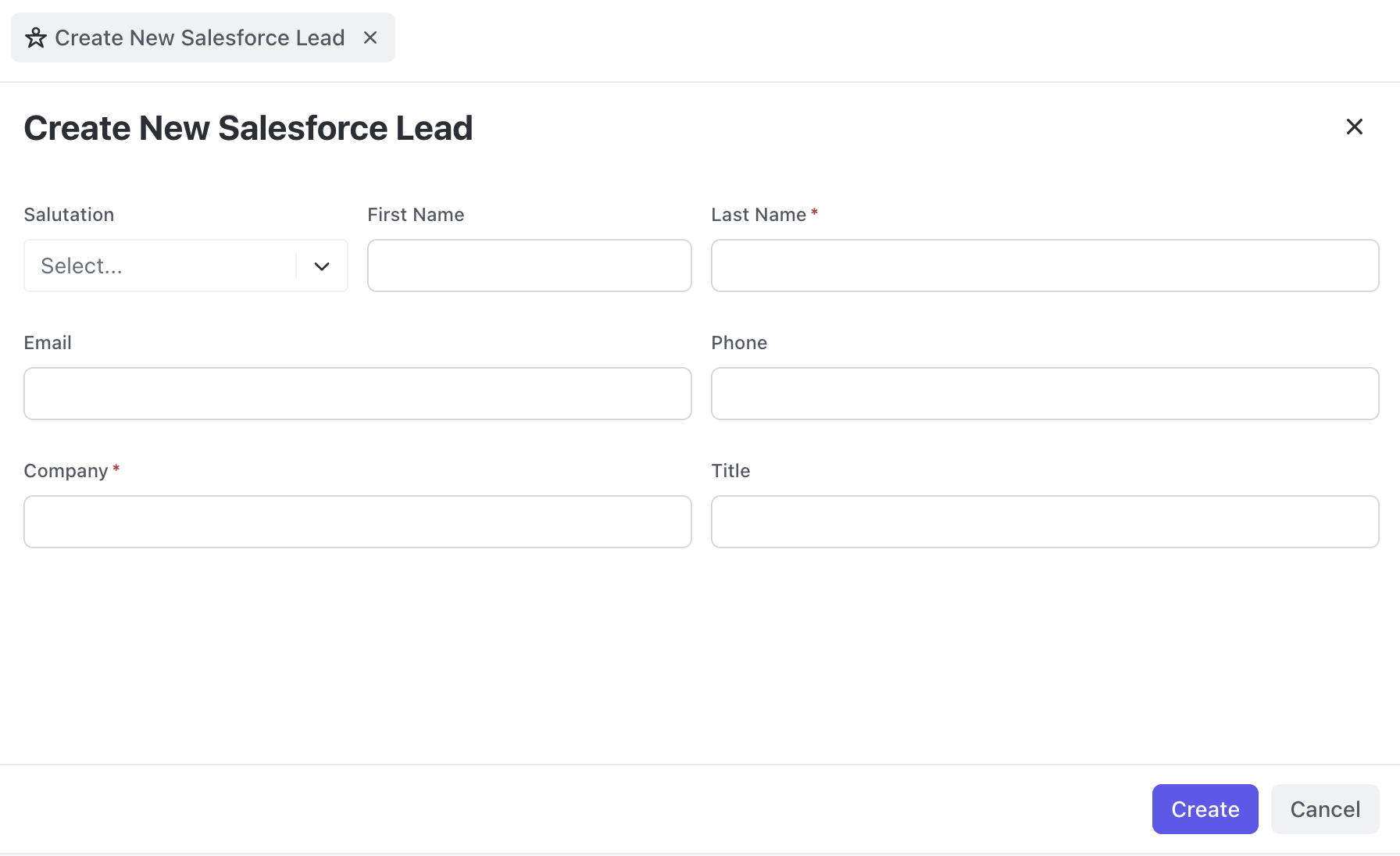 Screenshot of the Create New Salesforce Lead modal in Command Center.