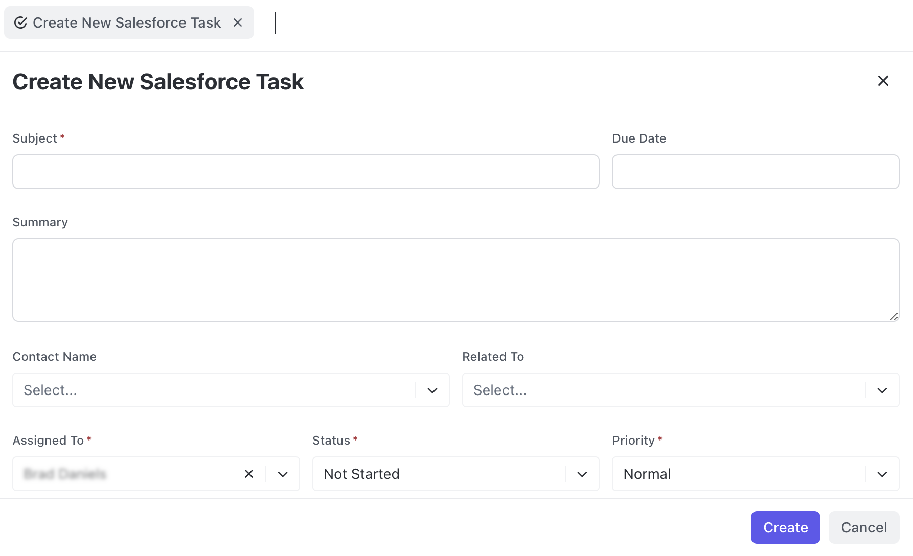 Screenshot of the Create New Salesforce Task modal in Command Center.
