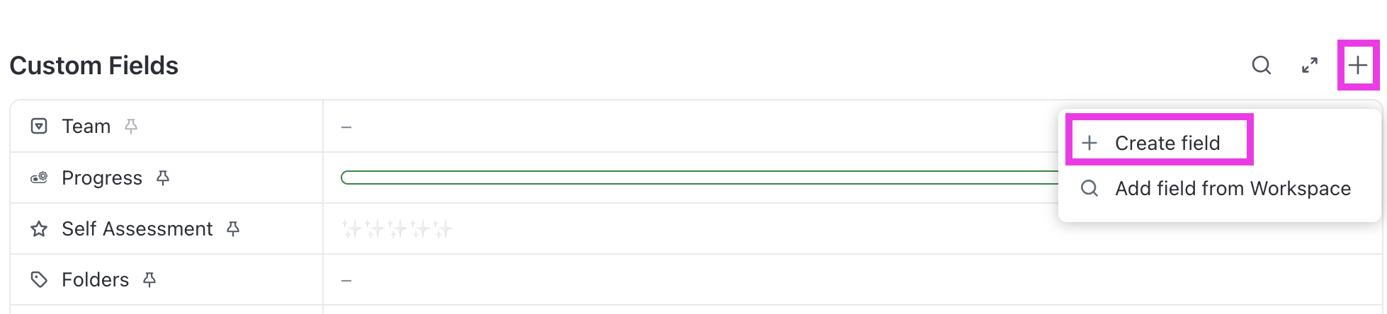 Screenshot of the Create field button in the Custom Fields.