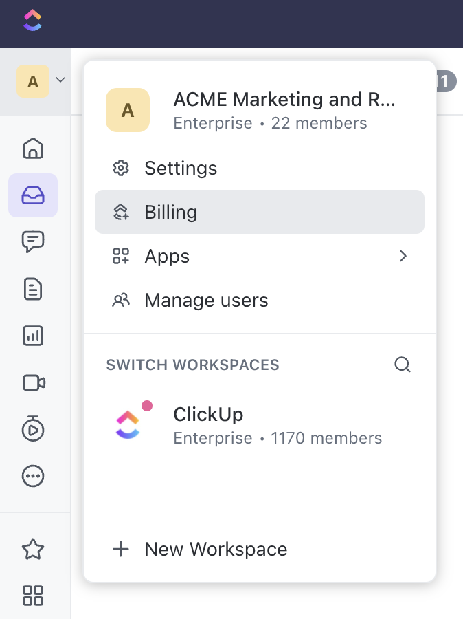 Screenshot of the Workspace menu with the Billing li nk highlighted.