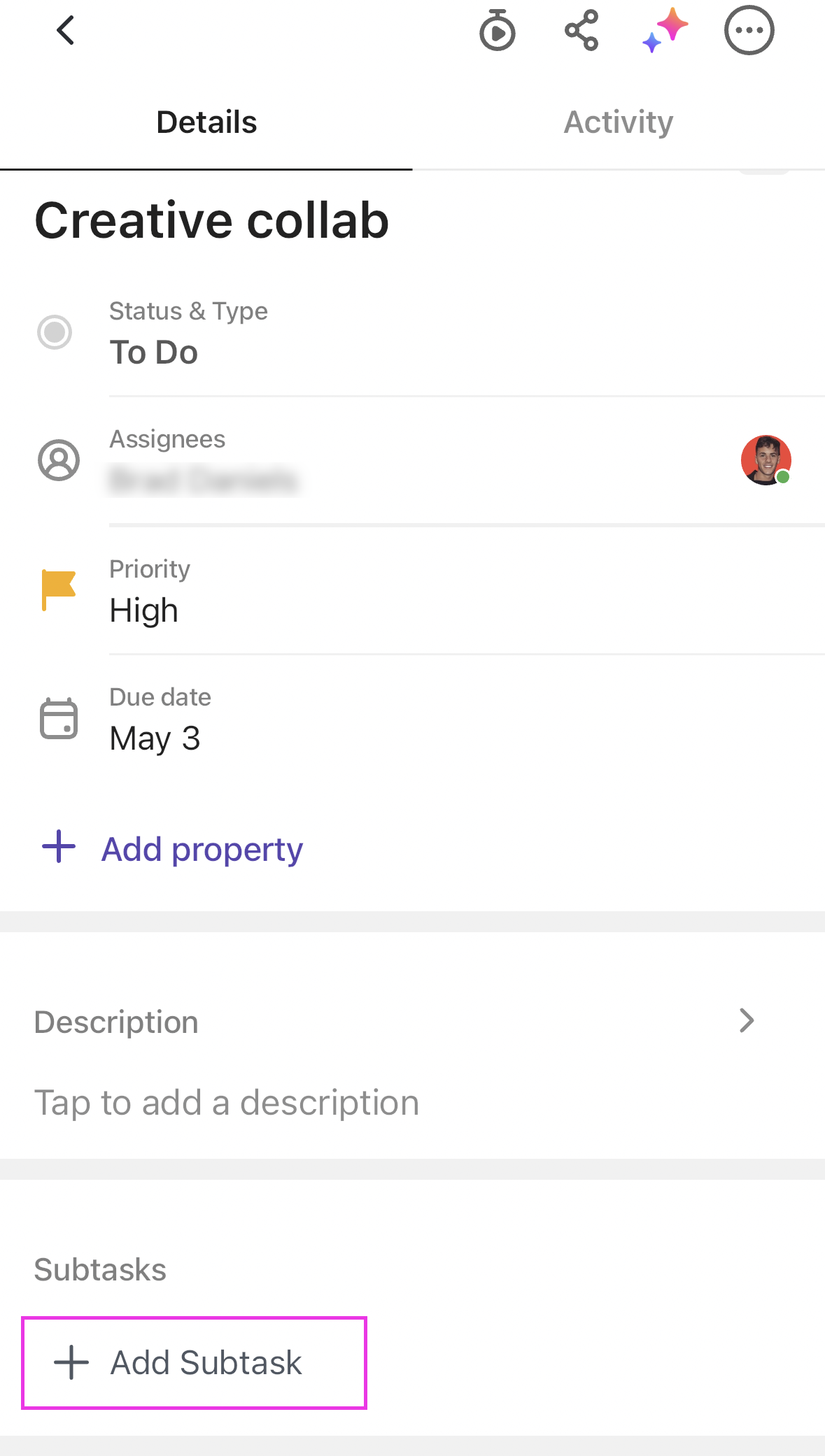 Screenshot highlighting the add subtask button.