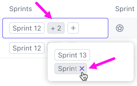 Screenshot x being clicked to remove the task from a Sprint after the button with the plus icon and number was selected.