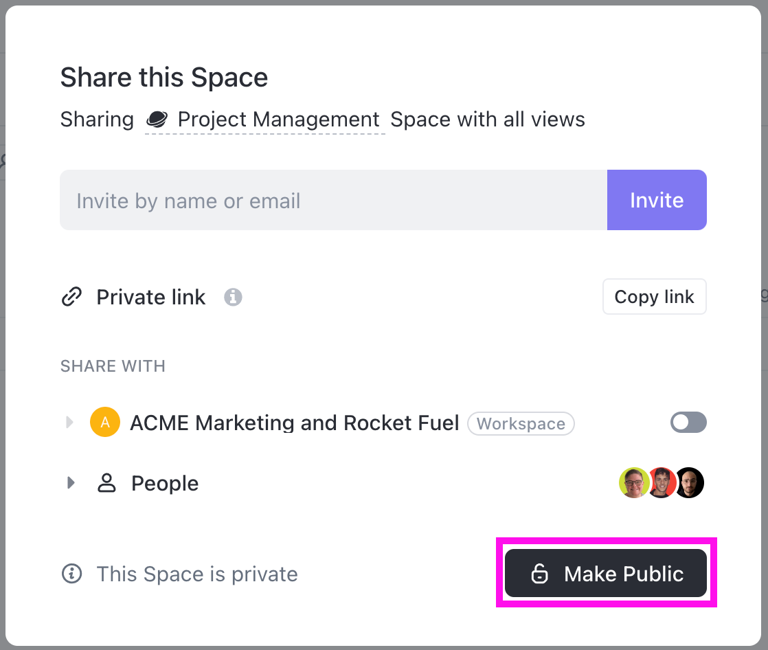 Screenshot of the Share this Space modal, highlighting the Make Public button in the lower-right corner.