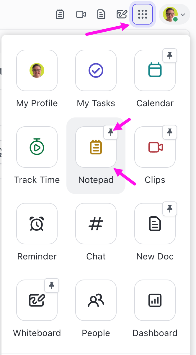 Screenshot showing Notepad selected in the upper-right corner of the toolbar. The Notepad icon is selected, and the pin icon in the upper-right corner of the Notepad icon is highlighted.