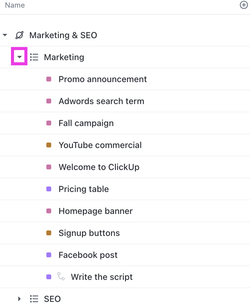 Screenshot of the tasks in an expanded List.