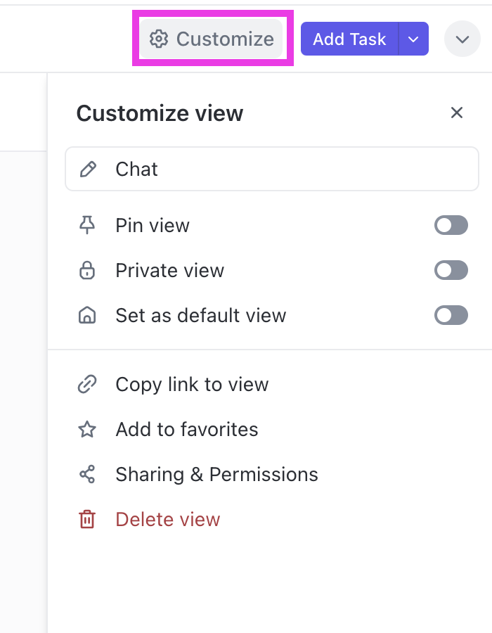 Screenshot highlighting the Customize menu in Chat view.png