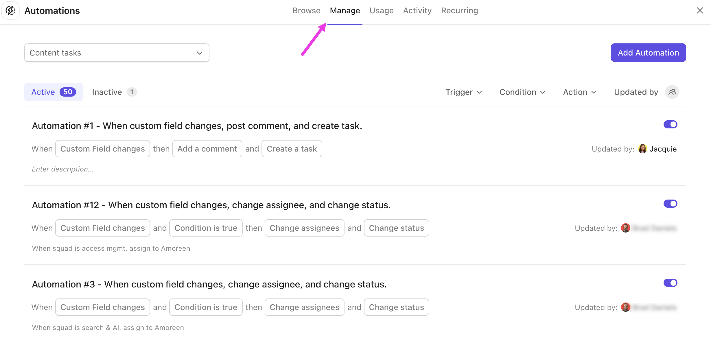 Screenshot highlighting the Manage tab in Automations.png