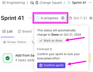 Screenshot of the sprint status and measure of effort button. The Mark as done and Forecast settings are highlighted.