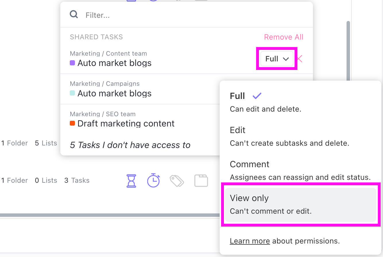 Screenshot of the Access column, highlighting clicking Tasks and showing the Shared Tasks modal.