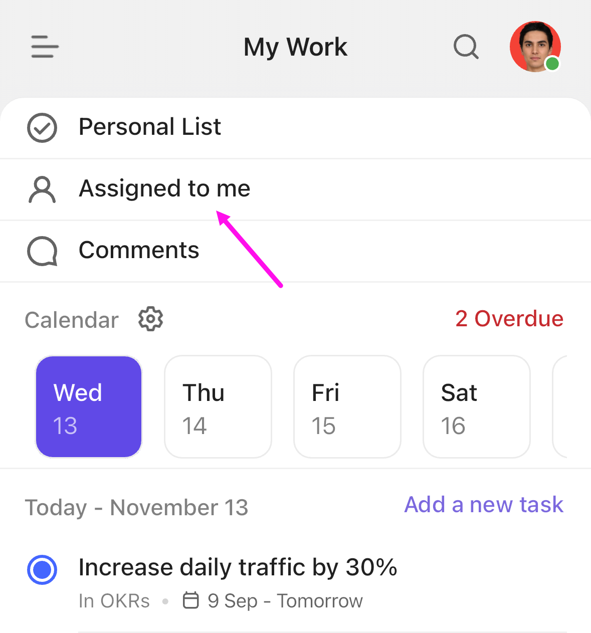 Screenshot highlighting the personal list, assigned to me, and comments section of My Work.png