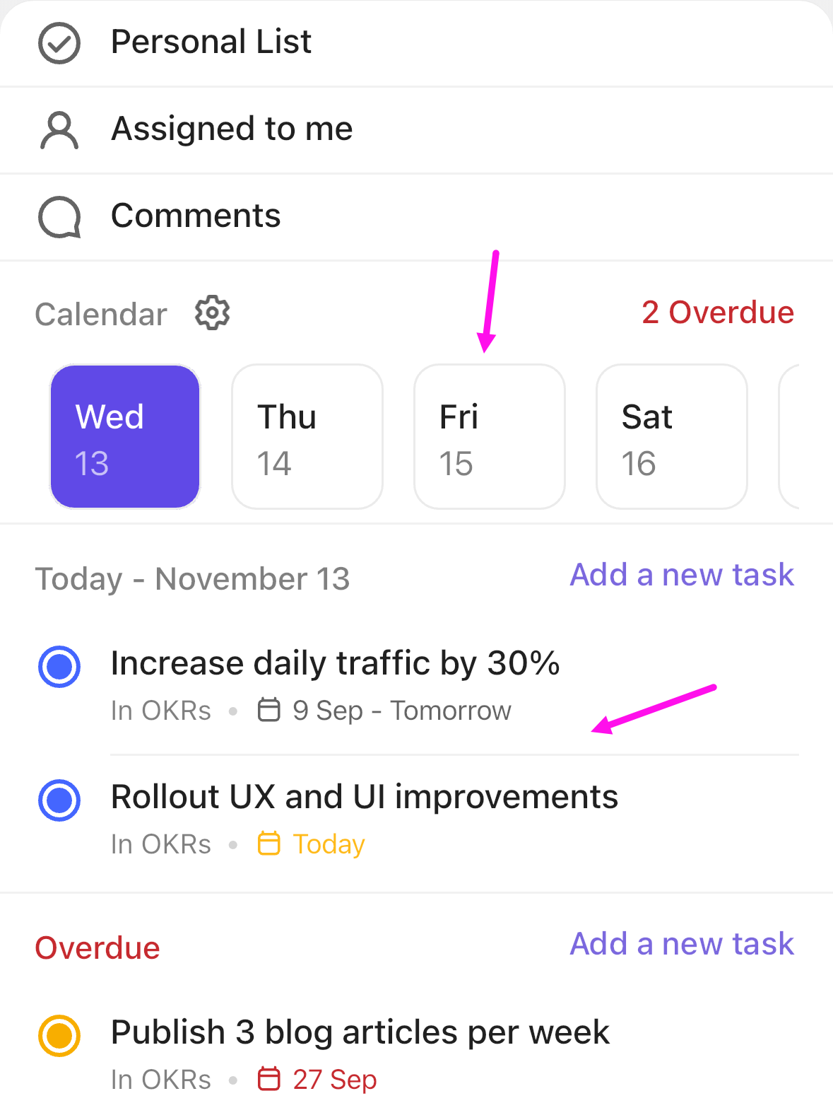 Screenshot highlighting the date panels and tasks in the center of My Work.png