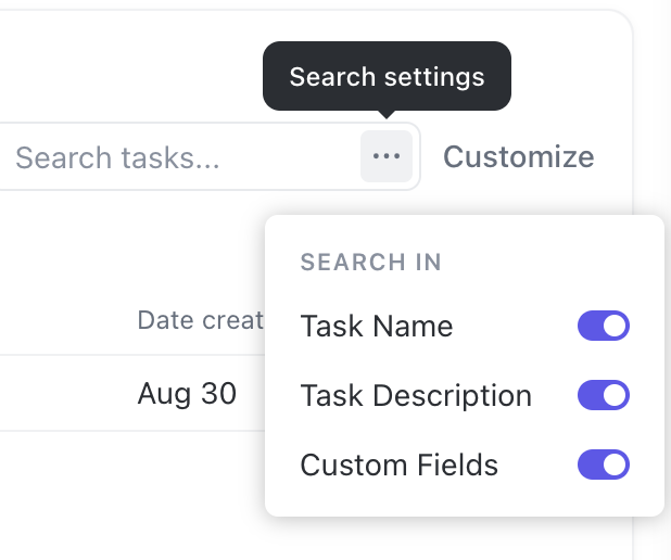 Capture d'écran des paramètres de recherche.